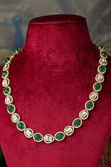 Gold Plated Moissanite Polki & Green Synthetic Stone Long Necklace Set In Sterling Silver
