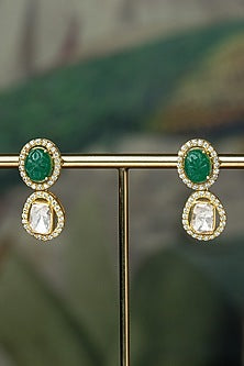Gold Plated Moissanite Polki & Green Synthetic Stone Long Necklace Set In Sterling Silver