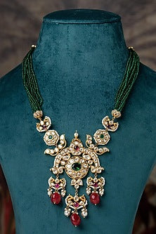 Gold Plated Moissanite Polki & Synthetic Stone Beaded Long Necklace