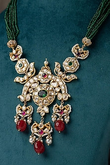 Gold Plated Moissanite Polki & Synthetic Stone Beaded Long Necklace