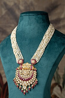 Gold Plated Moissanite Polki & Zirconia Beaded Long Necklace In Sterling Silver