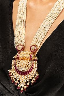 Gold Plated Moissanite Polki & Zirconia Beaded Long Necklace In Sterling Silver