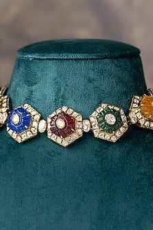 Gold Plated Moissanite Polki & Navratna Stone Choker Necklace In Sterling Silver