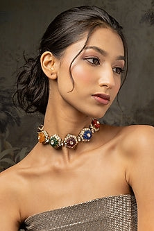 Gold Plated Moissanite Polki & Navratna Stone Choker Necklace In Sterling Silver