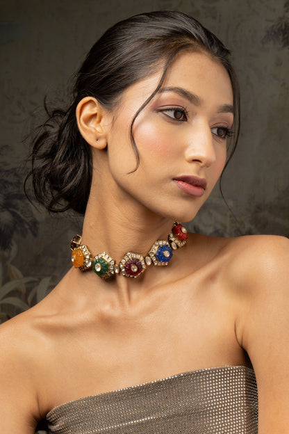Gold Plated Moissanite Polki & Navratna Stone Choker Necklace In Sterling Silver