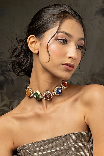 Gold Plated Moissanite Polki & Navratna Stone Choker Necklace In Sterling Silver