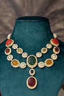 Gold Plated Moissanite Polki & Multi-Colored Stone Necklace In Sterling Silver