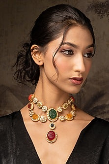 Gold Plated Moissanite Polki & Multi-Colored Stone Necklace In Sterling Silver