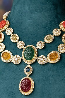 Gold Plated Moissanite Polki & Multi-Colored Stone Necklace In Sterling Silver