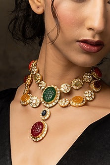 Gold Plated Moissanite Polki & Multi-Colored Stone Necklace In Sterling Silver
