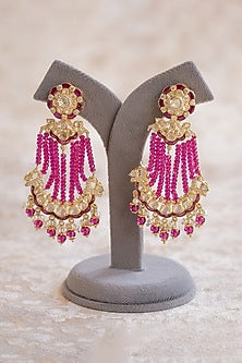 Gold Plated Moissanite Polki & Pink Synthetic Stone Dangler Earrings In Sterling Silver