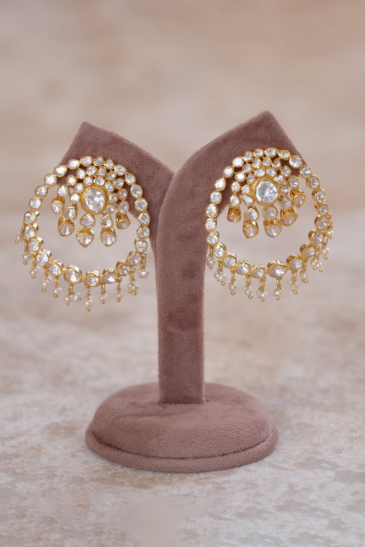 Gold Plated Moissanite Polki & Pearl Beaded Chandbali Earrings In Sterling Silver