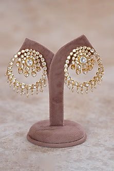 Gold Plated Moissanite Polki & Pearl Beaded Chandbali Earrings In Sterling Silver