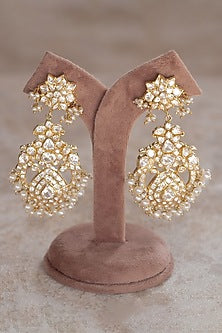 Gold Plated Moissanite Polki & Pearl Dangler Earrings In Sterling Silver