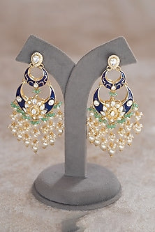Gold Plated Moissanite Polki Blue Enameled Dangler Earrings In Sterling Silver