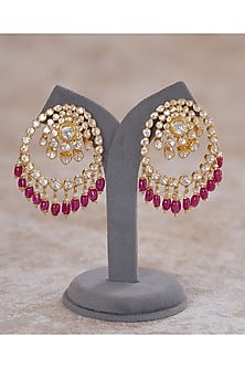 Gold Plated Moissanite Polki & Red Glass Beaded Chandbali Earrings In Sterling Silver