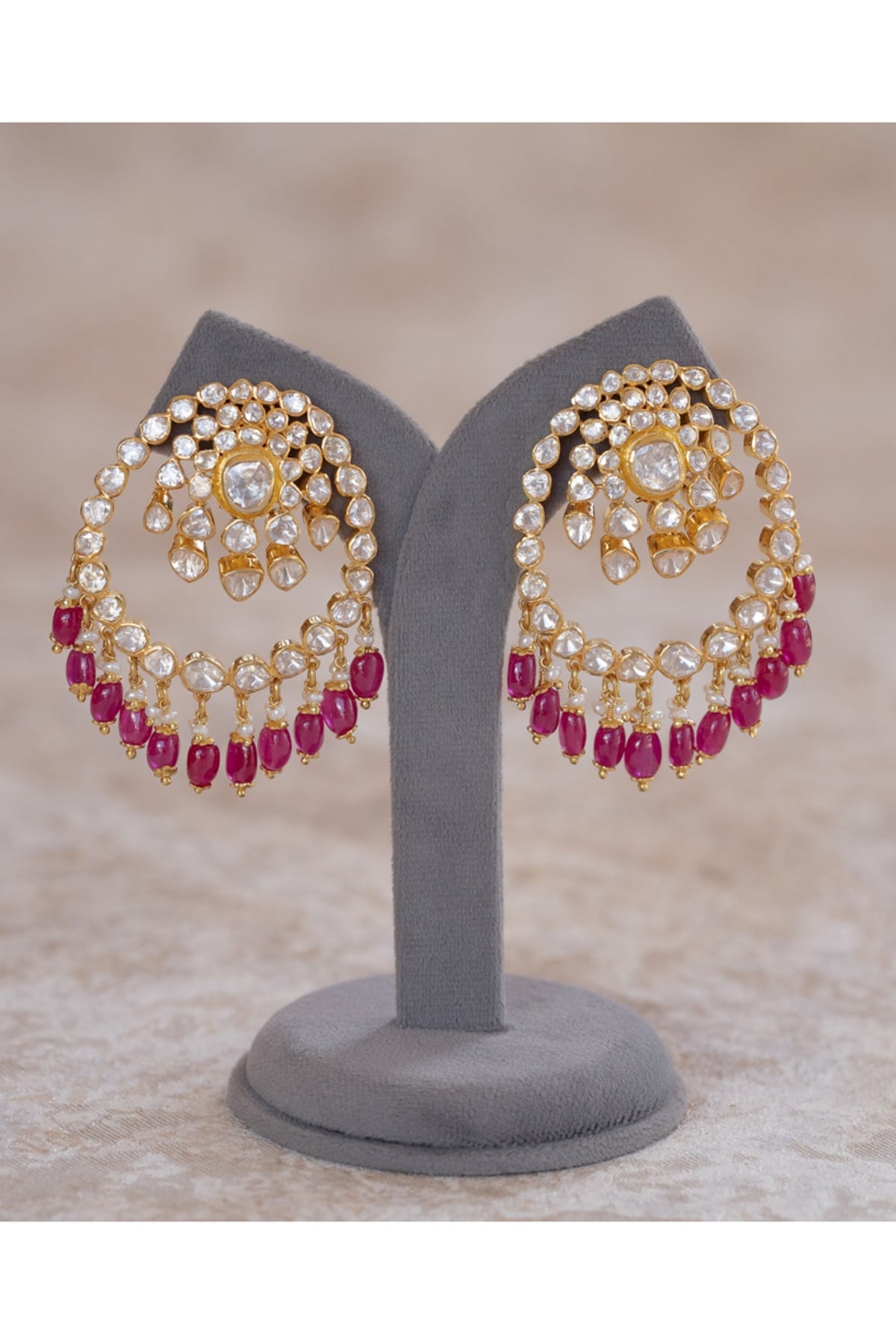 Gold Plated Moissanite Polki & Red Glass Beaded Chandbali Earrings In Sterling Silver