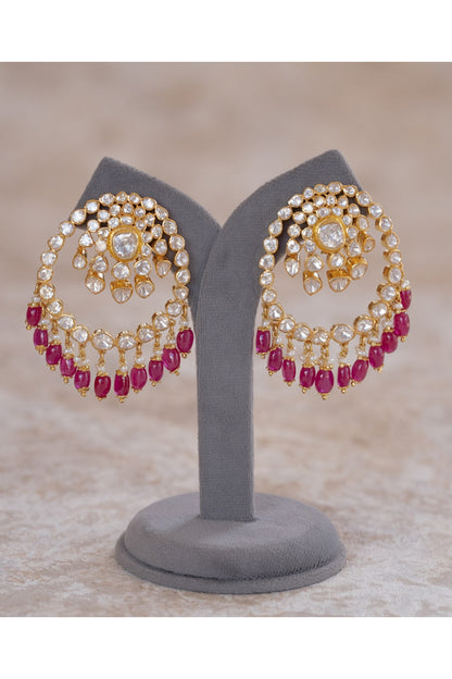Gold Plated Moissanite Polki & Red Glass Beaded Chandbali Earrings In Sterling Silver