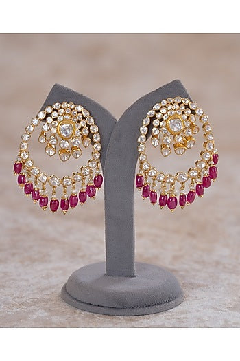 Gold Plated Moissanite Polki & Red Glass Beaded Chandbali Earrings In Sterling Silver