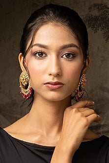 Gold Plated Moissanite Polki & Red Glass Beaded Chandbali Earrings In Sterling Silver