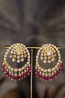 Gold Plated Moissanite Polki & Red Glass Beaded Chandbali Earrings In Sterling Silver