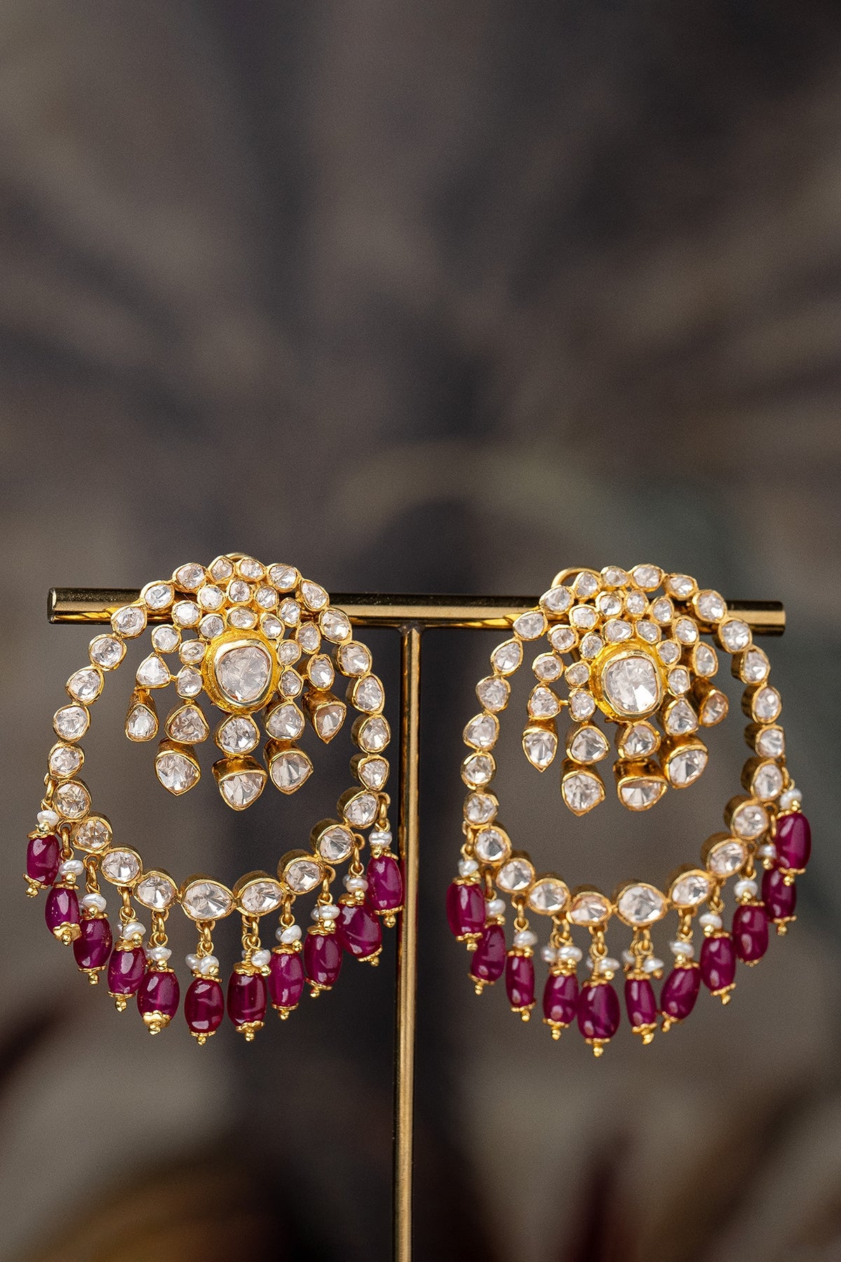 Gold Plated Moissanite Polki & Red Glass Beaded Chandbali Earrings In Sterling Silver