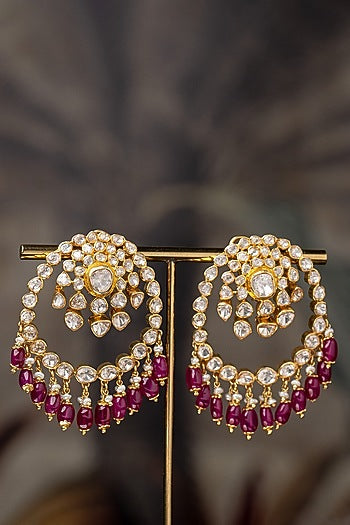 Gold Plated Moissanite Polki & Red Glass Beaded Chandbali Earrings In Sterling Silver