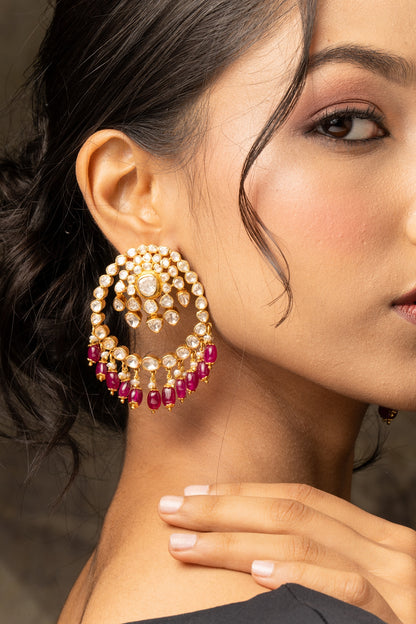 Gold Plated Moissanite Polki & Red Glass Beaded Chandbali Earrings In Sterling Silver