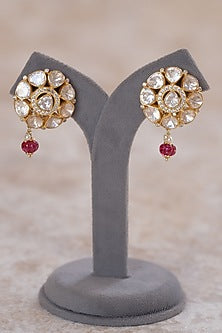 Gold Plated Moissanite Polki & Red Glass Beads Stud Earrings In Sterling Silver