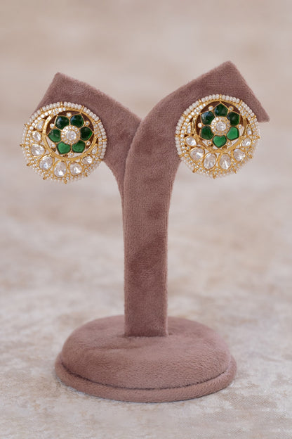 Gold Plated Moissanite Polki & Green Synthetic Stone Stud Earrings In Sterling Silver
