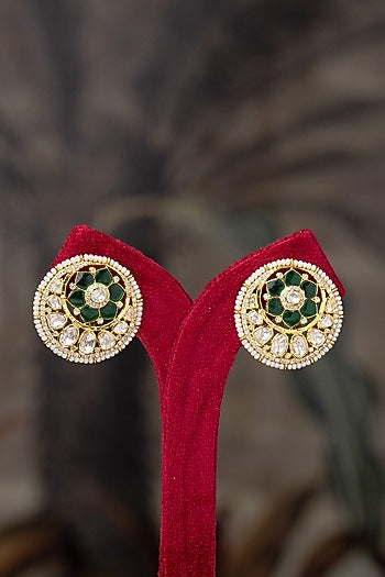 Gold Plated Moissanite Polki & Green Synthetic Stone Stud Earrings In Sterling Silver