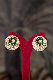 Gold Plated Moissanite Polki & Green Synthetic Stone Stud Earrings In Sterling Silver