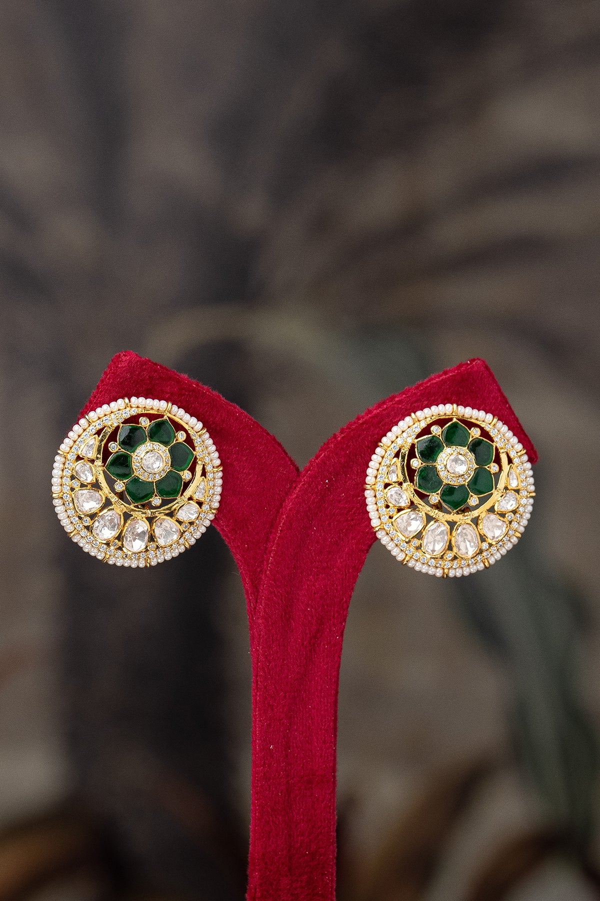 Gold Plated Moissanite Polki & Green Synthetic Stone Stud Earrings In Sterling Silver
