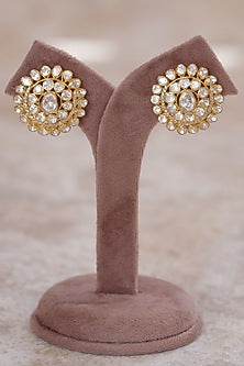 Gold Plated Moissanite Polki & White Synthetic Stone Stud Earrings In Sterling Silver