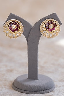 Gold Plated Moissanite Polki & Red Synthetic Stone Stud Earrings In Sterling Silver