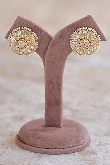 Gold Plated Moissanite Polki & Zirconia Stud Earrings In Sterling Silver