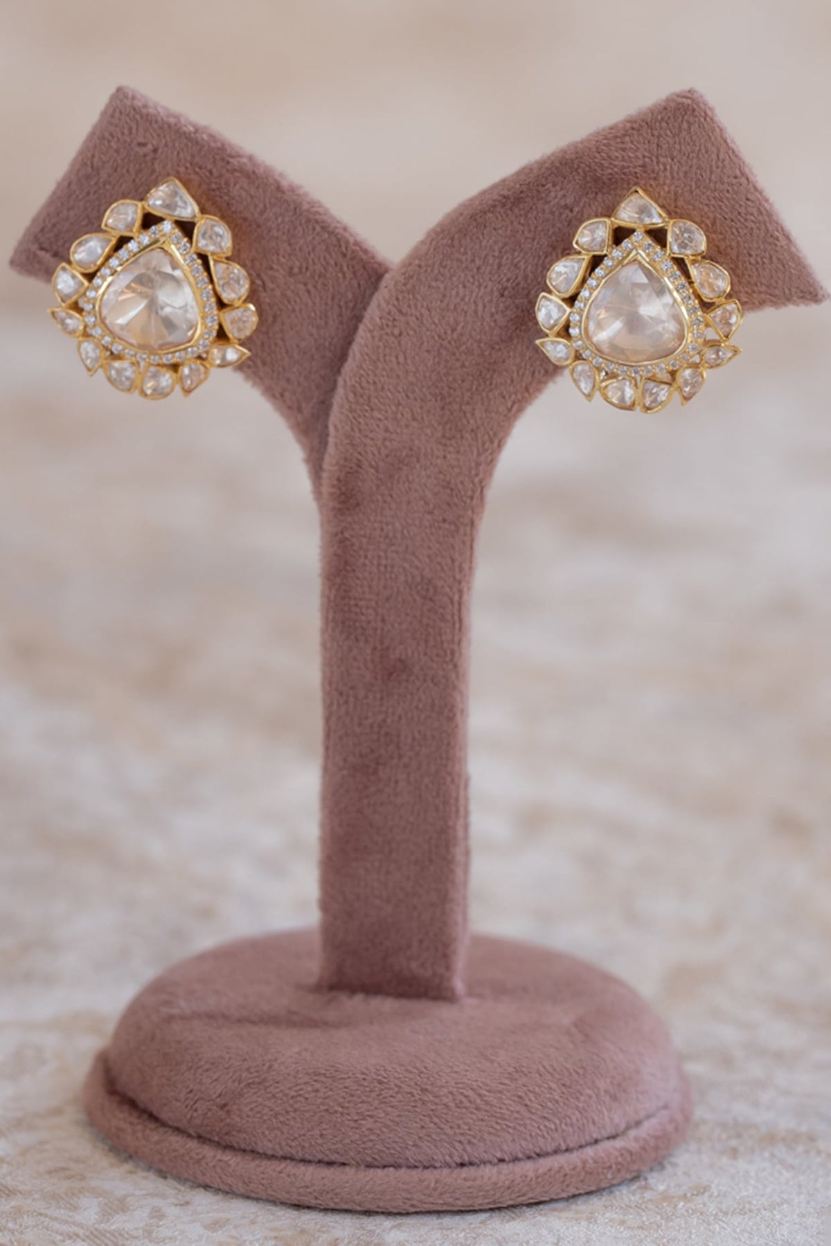 Gold Plated Moissanite Polki & Zirconia Stud Earrings In Sterling Silver