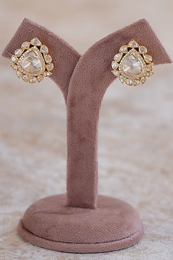 Gold Plated Moissanite Polki & Zirconia Stud Earrings In Sterling Silver
