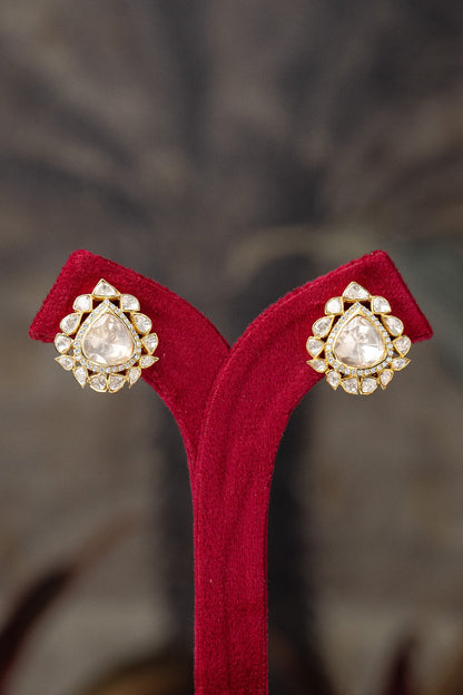 Gold Plated Moissanite Polki & Zirconia Stud Earrings In Sterling Silver