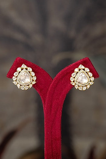 Gold Plated Moissanite Polki & Zirconia Stud Earrings In Sterling Silver