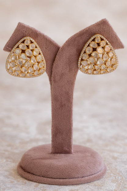 Gold Plated Moissanite Polki & Zirconia Stud Earrings In Sterling Silver
