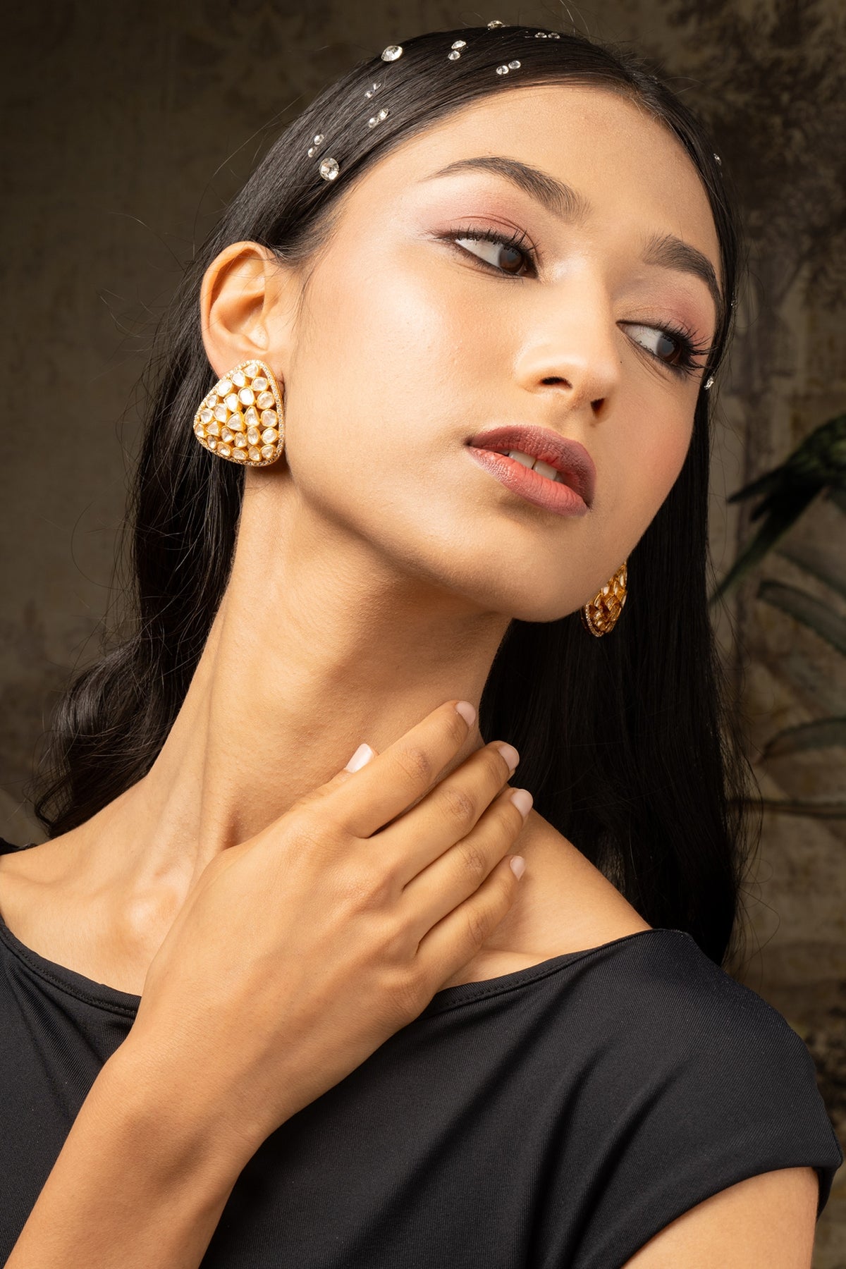 Gold Plated Moissanite Polki & Zirconia Stud Earrings In Sterling Silver