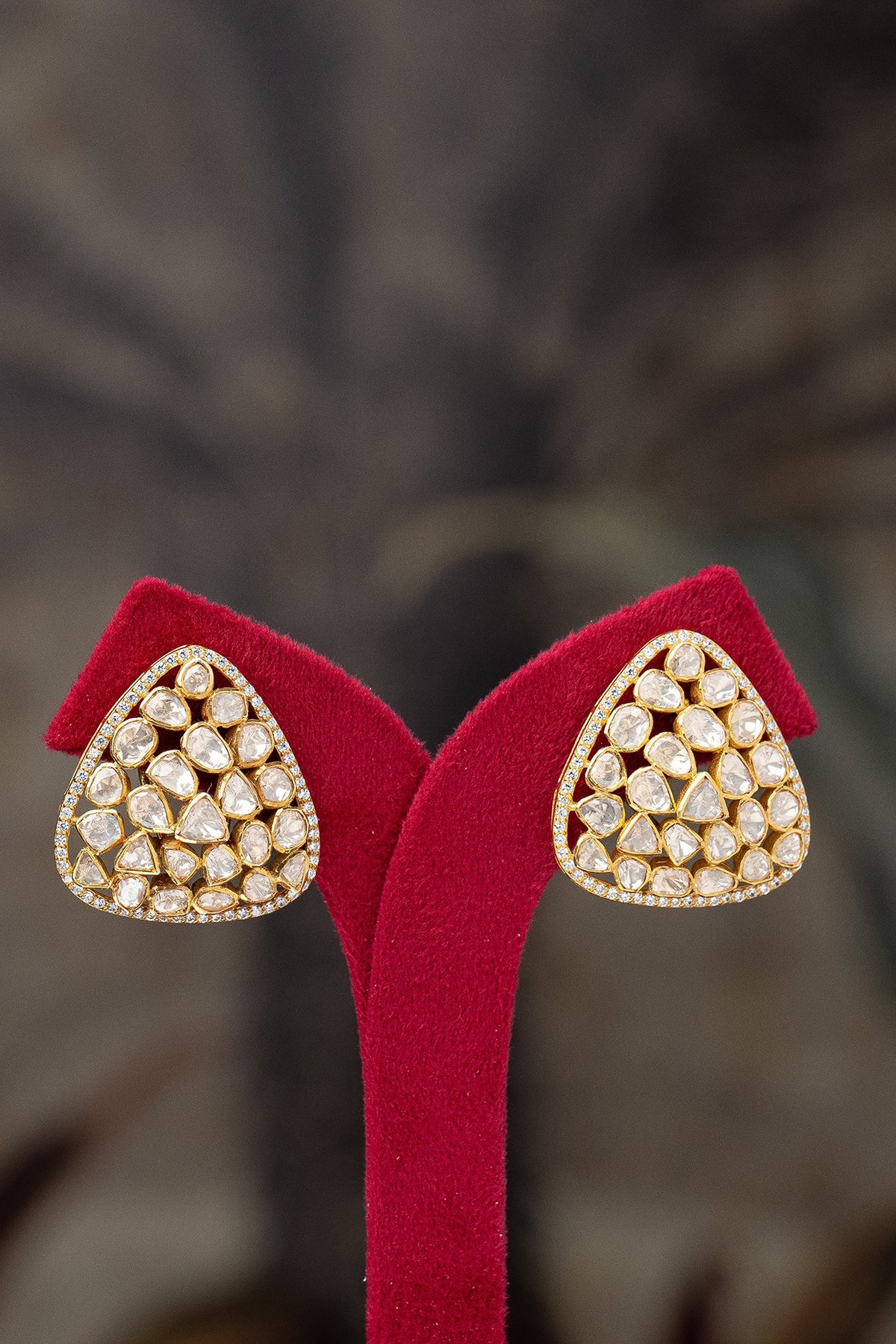 Gold Plated Moissanite Polki & Zirconia Stud Earrings In Sterling Silver