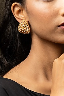 Gold Plated Moissanite Polki & Zirconia Stud Earrings In Sterling Silver