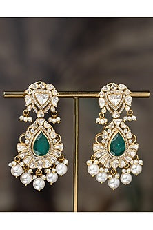 Gold Plated Moissanite Polki & Green Carved Stone Dangler Earrings In Sterling Silver
