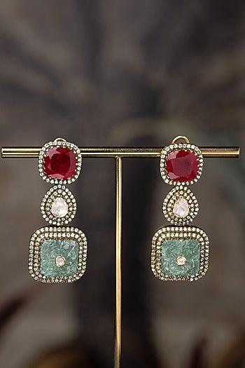 Gold Plated Moissanite Polki & Zirconia Dangler Earrings In Sterling Silver