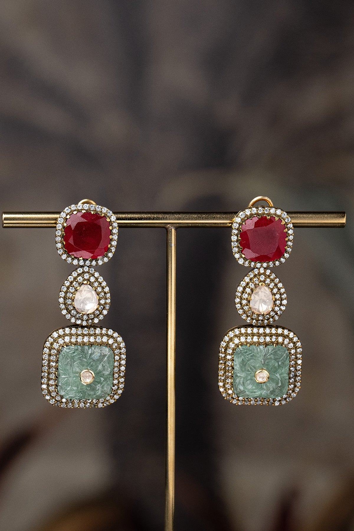 Gold Plated Moissanite Polki & Zirconia Dangler Earrings In Sterling Silver