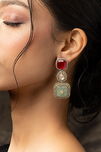 Gold Plated Moissanite Polki & Zirconia Dangler Earrings In Sterling Silver