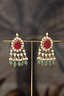 Gold Plated Moissanite Polki & Red Synthetic Stone Dangler Earrings In Sterling Silver