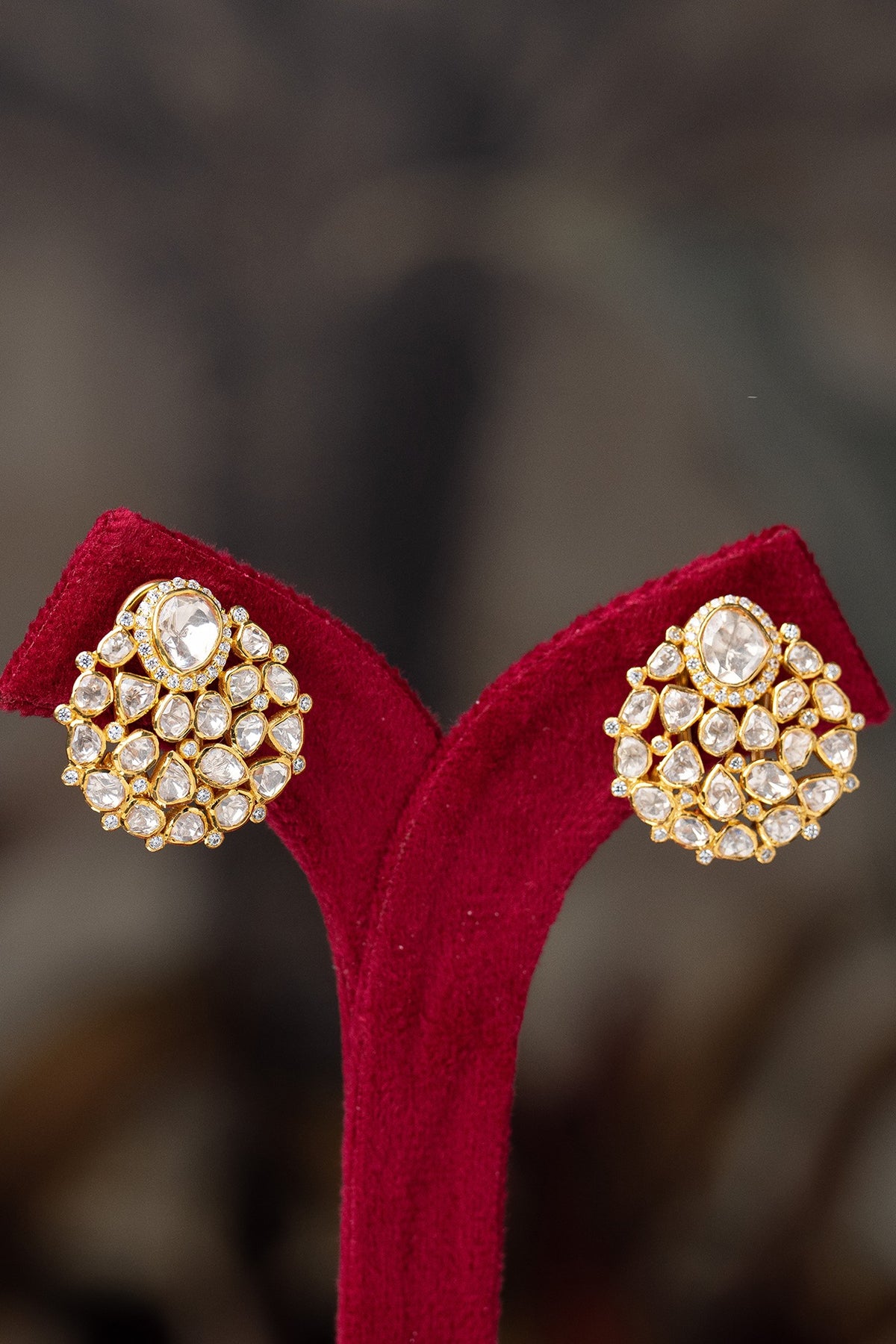 Gold Plated Moissanite Polki & Zirconia Stud Earrings In Sterling Silver